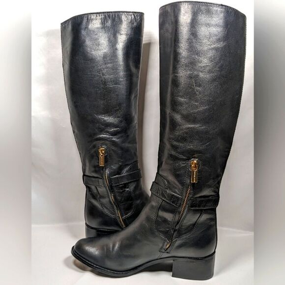 Michael Kors Hamilton Lock Black Leather Riding Boots 2" Heel Size 7M - Picture 3 of 13